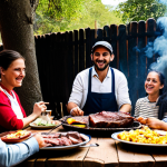 A vibrant scene capturing the essence of an authentic Uruguayan Asado. A diverse group of fully clothed individuals, dressed in modest, appropriate attire, are gathered around a rustic outdoor parrilla. The grill features various cuts of perfectly cooked beef, with subtle smoke rising from the coals. Plates laden with delicious, well-prepared meat are on a communal wooden table. People are engaged in conversation, laughing, and sharing food in natural poses. The lighting is warm and inviting, indicative of professional photography. The image showcases perfect anatomy, correct proportions, well-formed hands, and natural body proportions. This is a safe for work, appropriate content, and family-friendly depiction.