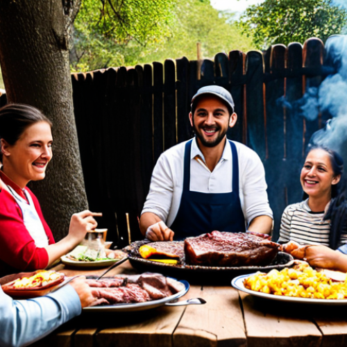 Home 15 A vibrant scene capturing the essence of an authentic Uruguayan Asado. A diverse group of fully clothed individuals, dressed in modest, appropriate attire, are gathered around a rustic outdoor parrilla. The grill features various cuts of perfectly cooked beef, with subtle smoke rising from the coals. Plates laden with delicious, well-prepared meat are on a communal wooden table. People are engaged in conversation, laughing, and sharing food in natural poses. The lighting is warm and inviting, indicative of professional photography. The image showcases perfect anatomy, correct proportions, well-formed hands, and natural body proportions. This is a safe for work, appropriate content, and family-friendly depiction.