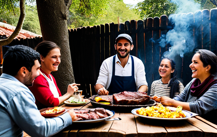 A vibrant scene capturing the essence of an authentic Uruguayan Asado. A diverse group of fully clothed individuals, dressed in modest, appropriate attire, are gathered around a rustic outdoor parrilla. The grill features various cuts of perfectly cooked beef, with subtle smoke rising from the coals. Plates laden with delicious, well-prepared meat are on a communal wooden table. People are engaged in conversation, laughing, and sharing food in natural poses. The lighting is warm and inviting, indicative of professional photography. The image showcases perfect anatomy, correct proportions, well-formed hands, and natural body proportions. This is a safe for work, appropriate content, and family-friendly depiction.
