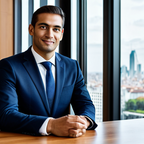 Home 14 A professional businessman in a tailored dark blue business suit, white shirt, and a subtle tie, sitting at a polished executive desk in a modern, light-filled bank lobby in Montevideo. Large windows showcase a peaceful city skyline. The interior boasts clean lines and high-quality materials, exuding a calm, secure, and professional atmosphere. The man looks confidently at the viewer. High-resolution, professional photography, perfect anatomy, correct proportions, natural pose, well-formed hands, proper finger count, natural body proportions, fully clothed, modest clothing, appropriate attire, professional dress, safe for work, appropriate content, family-friendly.