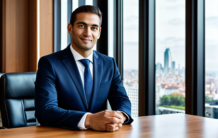 A professional businessman in a tailored dark blue business suit, white shirt, and a subtle tie, sitting at a polished executive desk in a modern, light-filled bank lobby in Montevideo. Large windows showcase a peaceful city skyline. The interior boasts clean lines and high-quality materials, exuding a calm, secure, and professional atmosphere. The man looks confidently at the viewer. High-resolution, professional photography, perfect anatomy, correct proportions, natural pose, well-formed hands, proper finger count, natural body proportions, fully clothed, modest clothing, appropriate attire, professional dress, safe for work, appropriate content, family-friendly.