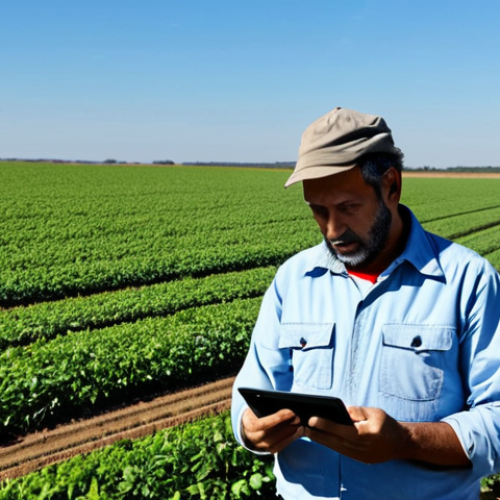 Home 7 Modernized Uruguayan Agriculture**
"A Uruguayan farmer, fully clothed in appropriate work attire, using a tablet to monitor crops in a vast soybean field, modern agricultural technology, drone flying overhead, sunny day, safe for work, professional, perfect anatomy, correct proportions, natural pose, high quality, appropriate content, well-formed hands, proper finger count, natural body proportions, modest clothing."
**