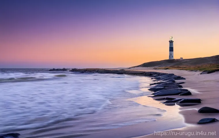 우루과이 해변 여행 - **Prompt:** A serene, wide-angle shot of Cabo Polonio beach in Uruguay at dusk. The sky is a gradien...