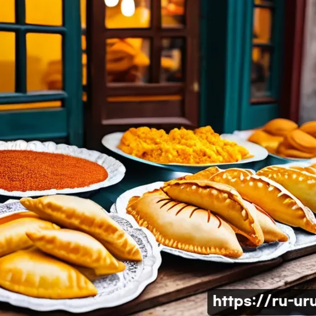 우루과이 길거리 음식 - A vibrant street food market scene in Montevideo, Uruguay, showcasing a colorful stall selling fresh...