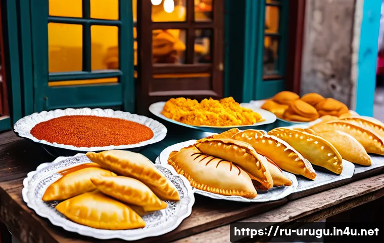우루과이 길거리 음식 - A vibrant street food market scene in Montevideo, Uruguay, showcasing a colorful stall selling fresh...