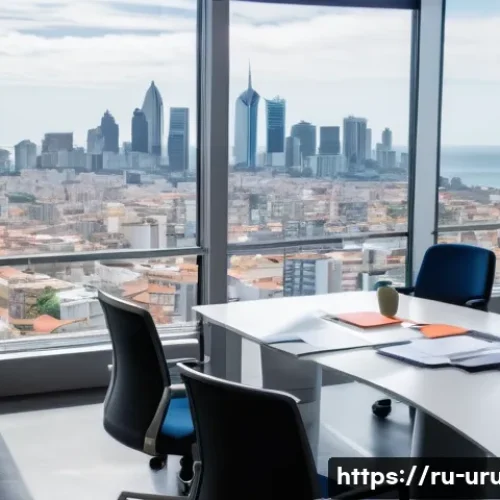 우루과이에서 사업체 설립 - A modern business office interior in Montevideo, Uruguay, featuring a diverse group of professionals...