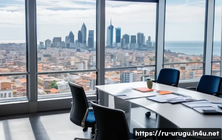 우루과이에서 사업체 설립 - A modern business office interior in Montevideo, Uruguay, featuring a diverse group of professionals...