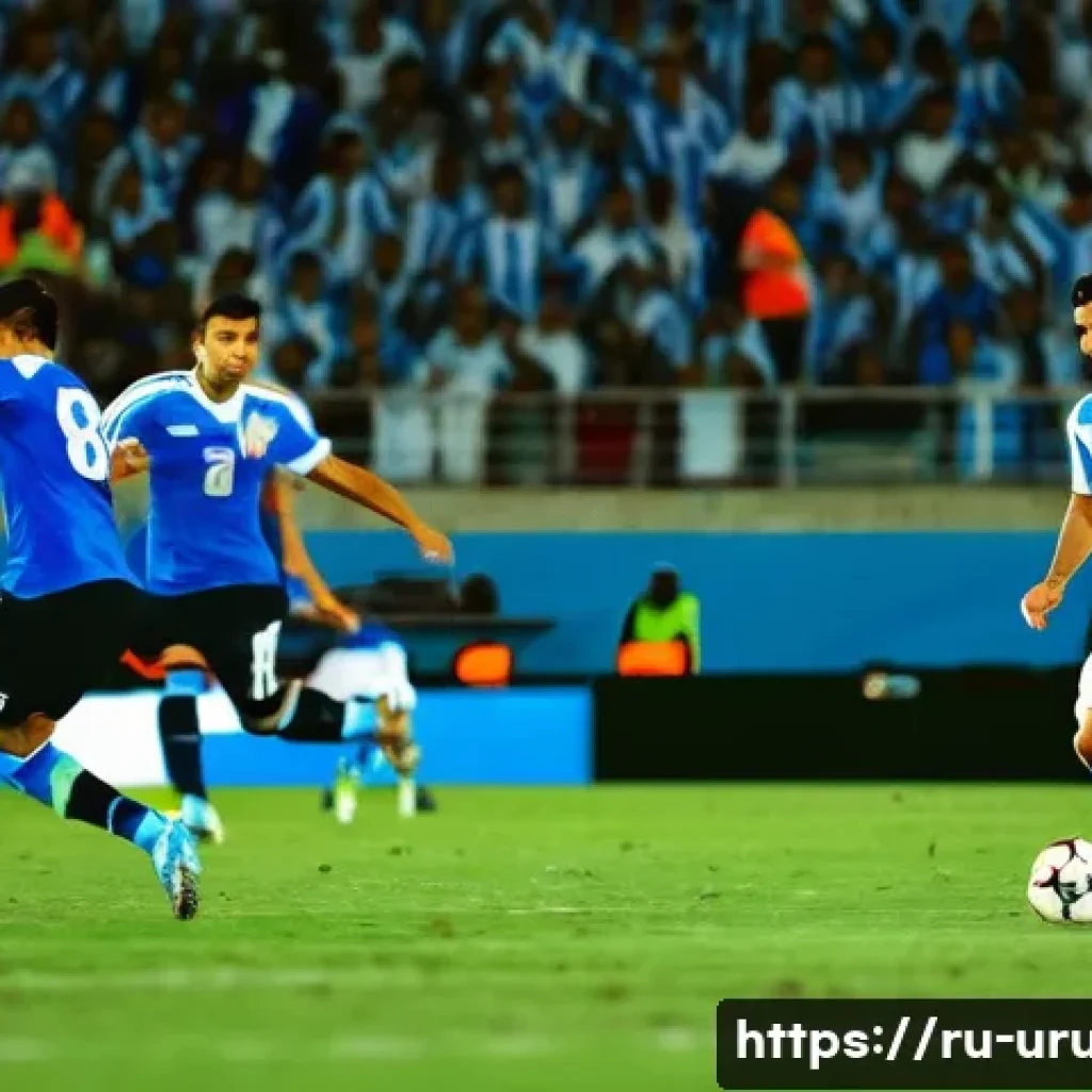 우루과이 국가대표 선수 - A dynamic scene of a Uruguayan national football team midfielder in action on the pitch, wearing the...