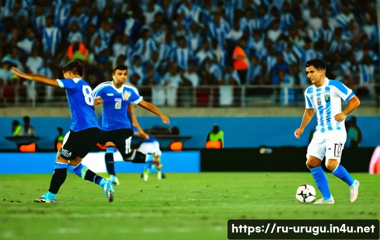 우루과이 국가대표 선수 - A dynamic scene of a Uruguayan national football team midfielder in action on the pitch, wearing the...