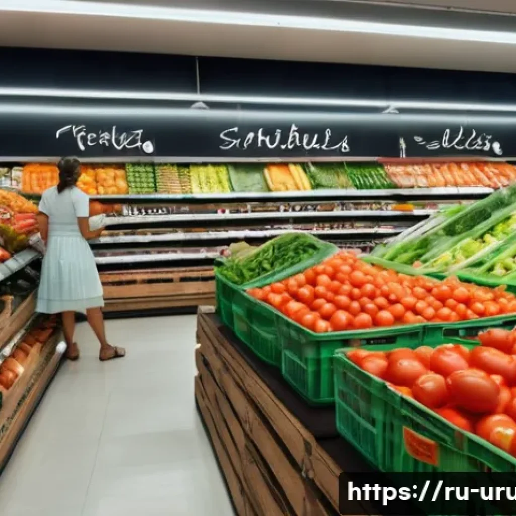 우루과이 인플레이션 현황 - ) A photorealistic interior scene of a modern Montevideo supermarket produce aisle at midday, wide-a...