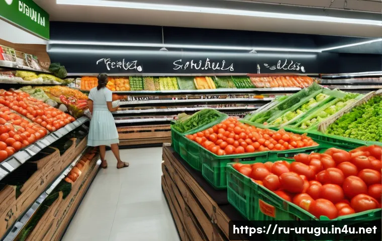 우루과이 인플레이션 현황 - ) A photorealistic interior scene of a modern Montevideo supermarket produce aisle at midday, wide-a...
