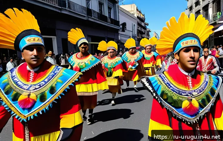 우루과이 유명 축제 - A vibrant street scene from a Uruguayan carnival parade in Montevideo during February, featuring dan...