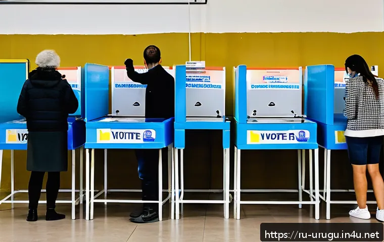 우루과이 선거 제도 - A diverse group of Uruguayan citizens, men and women aged 18 to 70, actively participating in voting...