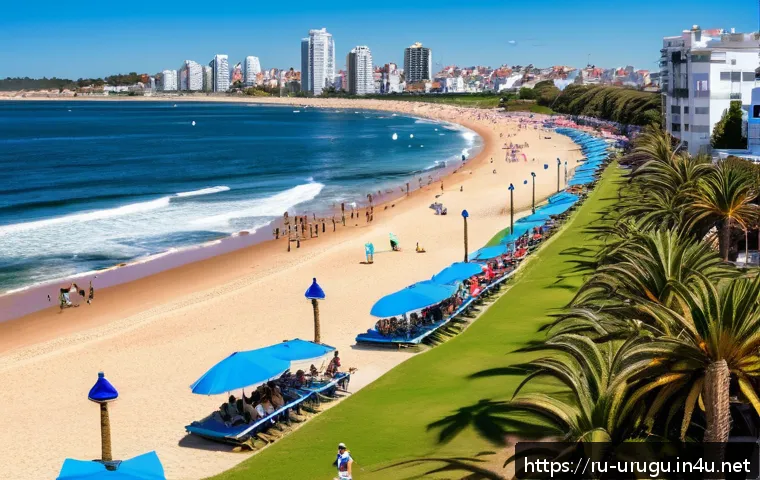 우루과이 관광 산업 - A vibrant beach scene at Punta del Este, Uruguay, showing a lively atmosphere with young people and ...