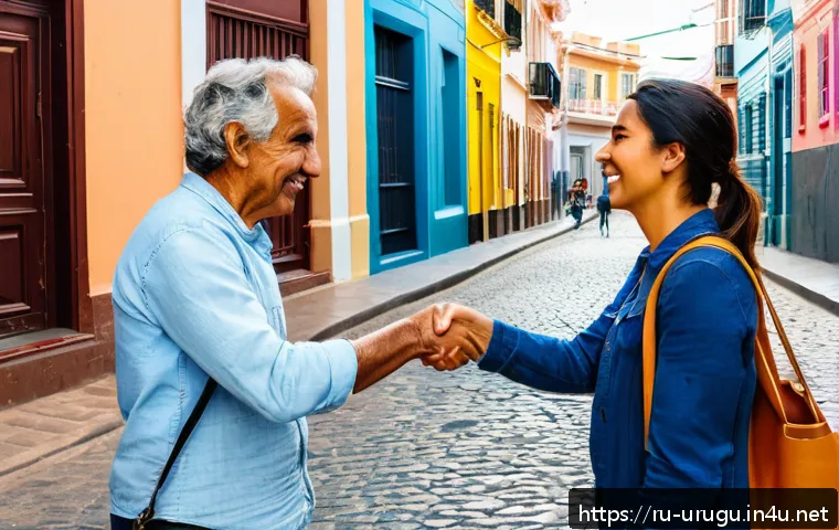 우루과이에서 금기사항 - A warm street scene in Montevideo, Uruguay, showing two adults greeting each other with a handshake ...