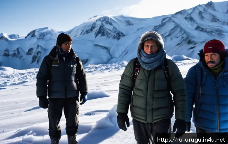 우루과이에서 발생한 유명 사건 - A group of survivors in the icy Andes mountains after a plane crash, dressed warmly in layered winte...