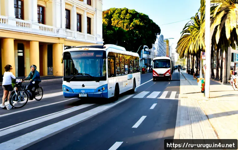 Home 17 우루과이 교통 시스템 - Photorealistic wide street scene in Montevideo, Uruguay, showing an efficient urban transport system...