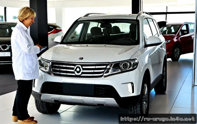 우루과이에서 자동차 구매 팁 - Photorealistic wide shot of a modern car dealership in Montevideo, Uruguay, a Russian-speaking middl...